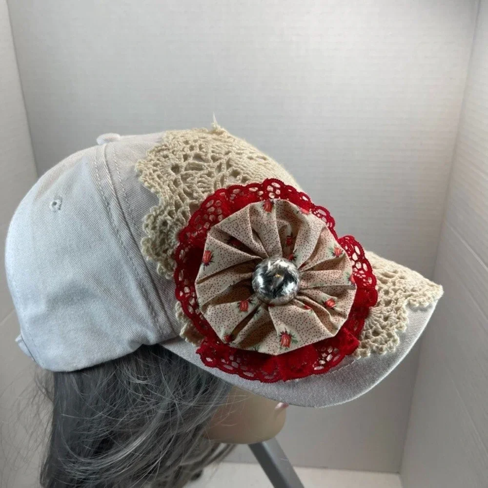 Hat Cap Strap Back Womens White Handmade Crochet Embellished Flower Streetwear